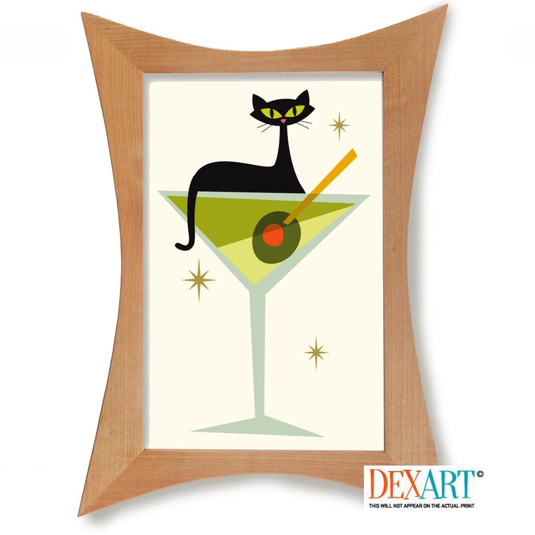 Mid Century Modern Decor Atomic Black Cat Cocktail Art Print: Bartender ...