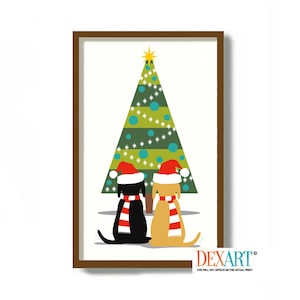 Mid Century Modern Christmas Dogs Art Print, Black Dog Lover Gift, Black Lab Puppy, Yellow Lab, Golden Retriever, Black Labrador Retriever