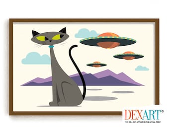 Mid Century Modern Cat Art Print, Roswell UFO, Flying Saucer, Sci Fi Art, Gray Cat Art Print, Science Fiction TV, Southwest Decor