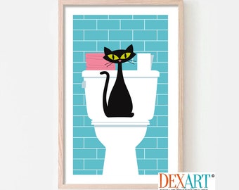 Bathroom Wall Decor, Black Cat Art Print, Laundry Room Decor, Mid Century Modern Wall Art, Laundry Sign, Cat Lover Gift, Atomic Cat