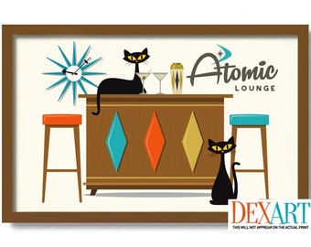 Atomic Cat Decor, Mid Century Modern Cocktail Bar Sign, Bartender Gift, Bar Cart Decor, Cat Lover Gift, Black Cat Art Print, Cocktail Shaker