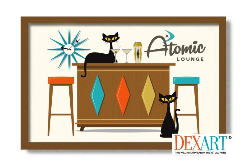 Atomic Cat Decor, Mid Century Modern Cocktail Bar Sign, Bartender Gift, Bar Cart Decor, Cat Lover Gift, Black Cat Art Print, Cocktail Shaker image 1