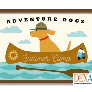 Dog Wall Art Print, Lake House, Canoe Decor, Adventure Dog Lover, Canoe Paddle, Yellow Labrador Retriever, Summer Camp, Kids Room