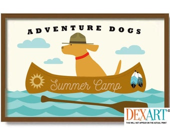 May include: A yellow dog wearing a ranger hat sits in a brown canoe with the text "Summer Camp" on the side. The canoe is on a blue lake with white clouds in the sky. The text "Adventure Dogs" is at the top of the image.