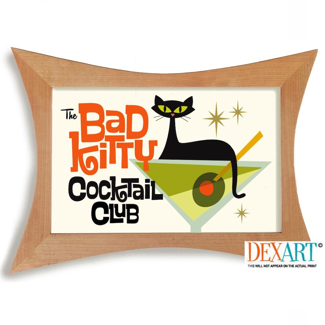 Mid Century Modern Atomic Cocktail Bar Wall Art, Black Cat Art Print ...