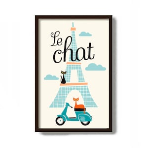 French Decor Cat Art Print, Mid Century Modern Wall Art, Black Cat Art, Motor Scooter, Cat Lover Gift Idea, Eiffel Tower, Le Chat Noir