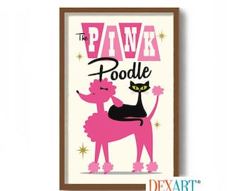 Poodle Art Print for Bathroom, Fashion Cat Decor, Cat Mom Gift, Mid Century Modern Wall Art, Cat Lover Gift, Black Cat Picture