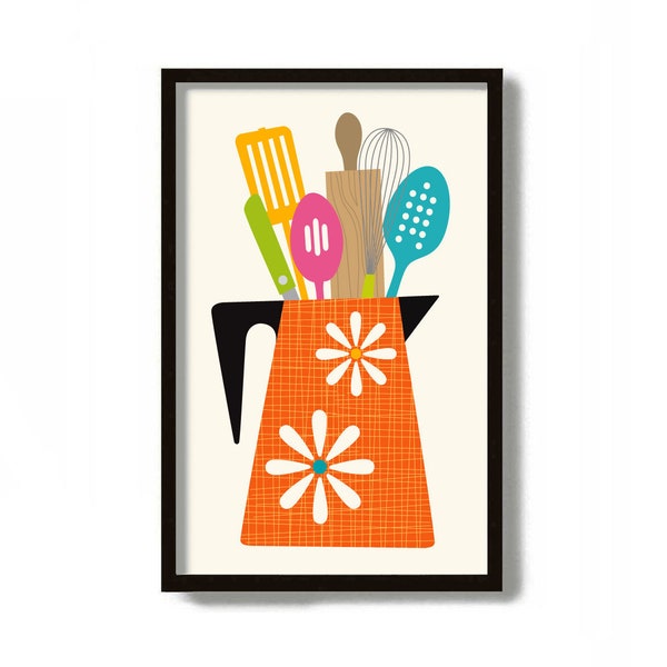 MCM Kitchen Decor, Mid Century Modern Art, Kitchen Art Print, Colorful Cooking Art, Fork and Spoon, Kitchen Utensils, Kitchen Wall Art