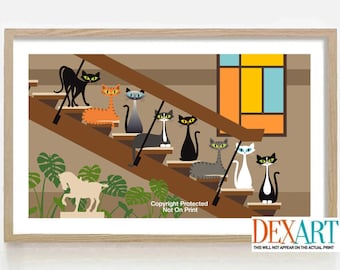 Impression d'art chat moderne Mid-Century, chat noir mural Art déco impression chat tigré, amoureux des chats, maman chat, portrait de chat, chat tigre rétro