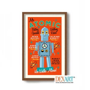 Atomic Robot Art Print, Mid Century Modern Wall Art Print, Kitsch Space Age, Kids Room Decor, Atomic Art, Toy Robot, Science Poster