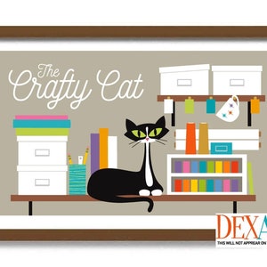 May include: A black and white cat sits on a wooden shelf in front of a craft room. The room has shelves with colorful yarn, boxes, and other craft supplies. The text "The Crafty Cat" is written in white on a beige wall.