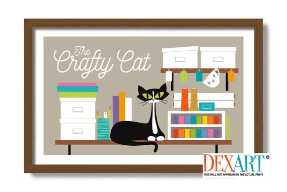 Craft Room Decor, Mid Century Modern Art Print, Crafting Supplies, Atomic Cat Gifts, Tuxedo Cat Art Print, Cat Lover Gift, Crafter Gift