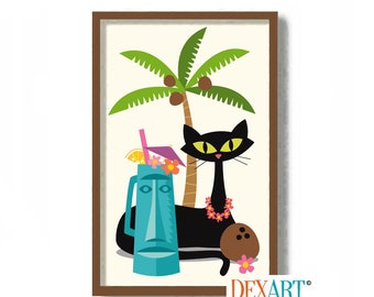 Tiki Bar Sign, Black Cat Wall Art Print, Mid Century Modern Art, Cat Gifts, Tropical Drink Florida Decor, Rainforest Print, Jungle Decor