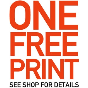 May include: Orange text on a white background reads "ONE FREE PRINT" with the smaller text "SEE SHOP FOR DETAILS" below.