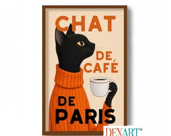 Paris Wall Art Print, Chat Noir Poster, French Wall Kitchen Decor, Cat Drinking Coffee, Black Cat, Coffee Lover Gift, Parisian Cafe Sign