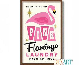 Pink Flamingo Wall Art, Mid Century Modern Art Print, Laundry Room Decor Wall Art, Laundry Sign Bathroom Towels