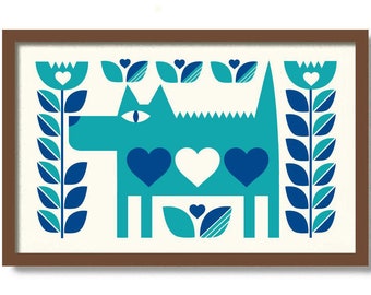 Norwegian Folk Art Dog Wall Print, Mid Century Modern Art, Swedish Folk Decor, Dog Lover Gift Wall Decor, Flower Print, Scandinavian Design