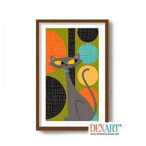 Mid Century Modern Atomic Cat Art Print Gray Tabby Cat Wall Art, Cat Lover Gift, Modernist Wall Decor, Abstract Pattern, Danish Modern