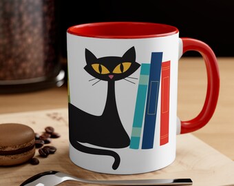 Cat and Books Mug, 11oz Coffee Mug, Librarian Gift, Book Lover, Book Worm, Atomic Black Cat, Loves to Read, Book Nerd