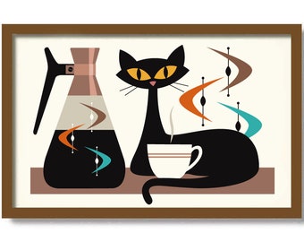 Mid Century Modern Kitchen Cat Art Print, Black Cat Lover Gift, Coffee Lover Gift, Retro Coffee Pot, Pantry Sign, Atomic Art Decor