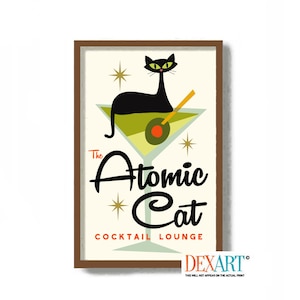 Mid Century Modern Atomic Cocktail Bar Wall Art, Black Cat Art Print, Martini Glass, Bartender Gift, Cat Lover Gift, Alcohol Wall Art