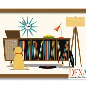 Mid Century Modern Art Print, Yellow Labrador Dog Lover Gift, Retro Sideboard, Vinyl Record Storage, Record Player 1950s, Labrador Retriever