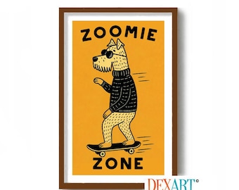 Zoomies Dog Wall Art Print, Skateboard Decor, Mid Century Modern Atomic Dog Wall Art Print, Funny Dog Art