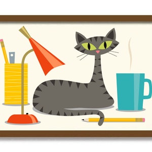 Grey Tabby Cat Art Print,  Mid Century Modern Art, Laptop, Home Office Decor, Cats and Computers, Cat Lover Gift, Work from Home