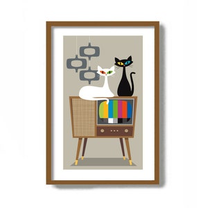 Mid Century Modern Decor, Cat Poster, Cat Lover Gift, Mid Century Modern Wall Art, Cat Art Print, Retro TV, White Cat Art, Old Television,