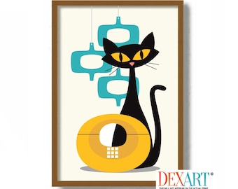 Mid Century Modern Black Cat Art Print, Retro Telephone, Living Room Wall Art, Atomic Art, Cat Lover Gift, Danish Modern