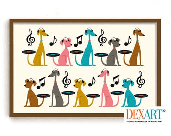 Mid Century Modern Dog Art Print, Dog Lover Gift, Vinyl LP, Record Player, Labrador Retriever, Music Lover