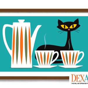 Mid Century Modern Cat and Kitchen Art Print, Wall Art, Black Cat Lover Gift, Coffee Lover Gift, Retro Coffee Pot, Atomic Cat Wall Art