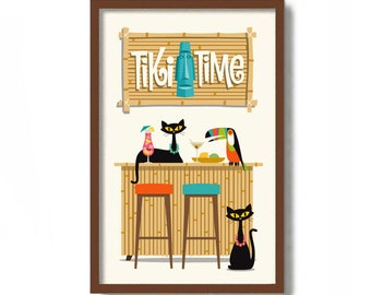 Mid Century Modern Art, Tiki Bar Sign, Bamboo Furniture, Bartender Gift, Bar Cart Decor, Cat Lover Gift, Black Cat Art Print, Tropical Drink