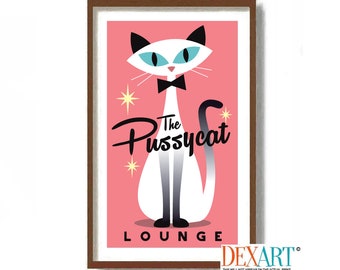 Siamese Cat Wall Decor, Nightclub Poster, Retro Cat Lover Gift, Mid Century Modern Art Print, Martini Art, Cocktail Poster, Bartender Gifts