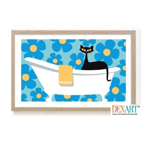 Mid Century Modern Cat Bathroom Wall Art Print, Blue Atomic Black Cat, Girls Fashion Doll, Bathtub Wall Art, Bath Time, Cat Lover Gift