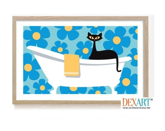 Mid Century Modern Cat Bathroom Wall Art Print, Blue Atomic Black Cat, Girls Fashion Doll, Bathtub Wall Art, Bath Time, Cat Lover Gift