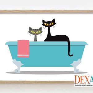 Cat Bathroom Print, Mid Century Modern Art, Cat Art Decor, His and Hers Couples Gift, Black Cat Grey Tabby Lover Gift Idea, Claw Foot Tub