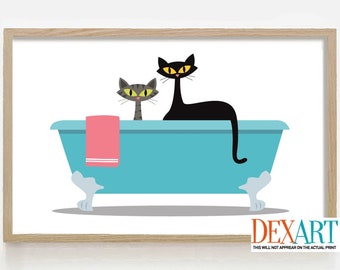 Cat Bathroom Print, Mid Century Modern Art, Cat Art Decor, His and Hers Couples Gift, Black Cat Grey Tabby Lover Gift Idea, Claw Foot Tub