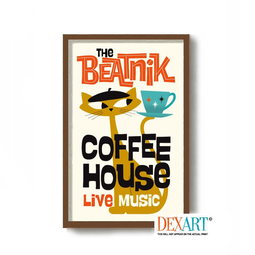 Beatnik Cat Art Print, Atomic Cafe Coffee Sign Gift Idea Palm Springs ...