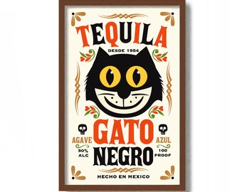 Tequila Art Print, Mexican Folk Art, Black Cat Wall Art, Bartender Gifts, Cat Lover Gift, Mexican Decor, Tequila Bottle Label, Bar Poster