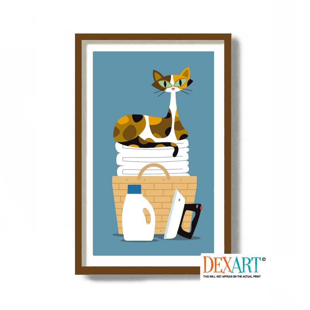 Calico Cat Laundry Room Decor Art Print, Mid Century Modern Art Cat ...