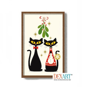 Mid Century Modern Cat Christmas Art Print, Retro Secret Santa Gift, Mistletoe Christmas Decor, Cat Lover Gift, Black Cat Print
