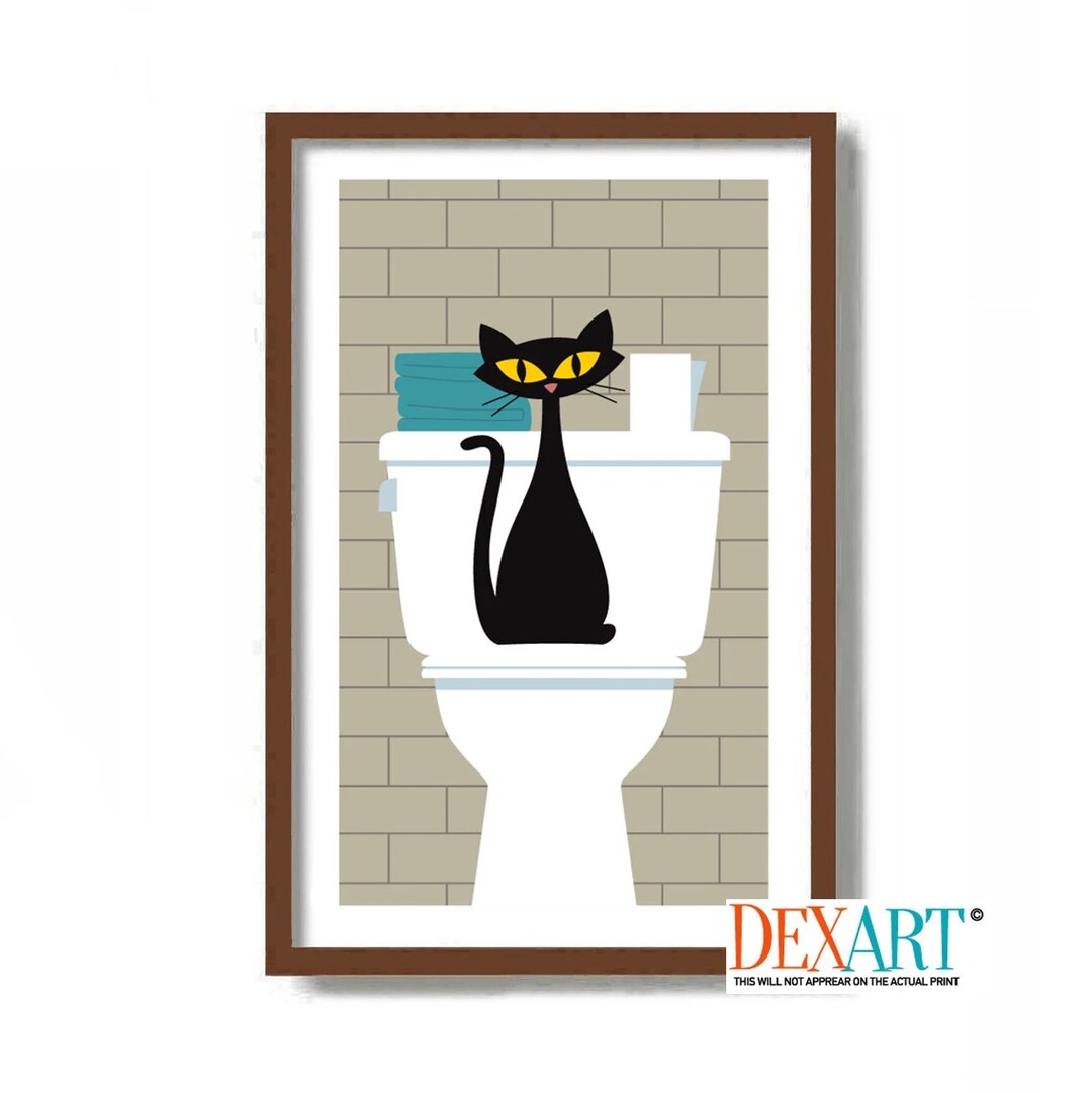 Bathroom Wall Decor, Black Cat Art Print, Laundry Room Decor, Mid Century Modern Wall Art