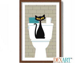 May include: A black cat with yellow eyes sits on a white toilet in a bathroom with beige tile walls. The cat is looking at the viewer.