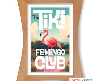 Flamingo Decor, Tiki Bar Wall Art Print, Mid Century Modern, Retro Cafe Sign, Atomic Art, Coastal Decor, Vintage Club Signage