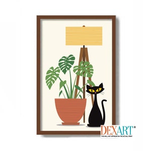 Black Cat Art Print, Cat Lover Gift, Monstera Plant, Mid Century Modern Art, Tropical Decor, Minimalist Wall Art, Florida Decor Print