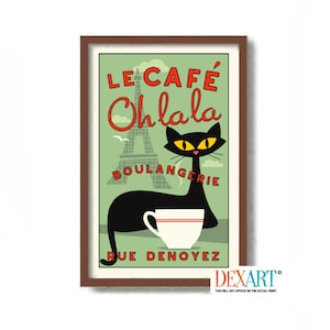 French Decor Black Cat Art Print, Mid Century Modern Art Print, Kitchen Wall Art, Paris France, Cafe Sign Gift Idea, Eiffel Tower
