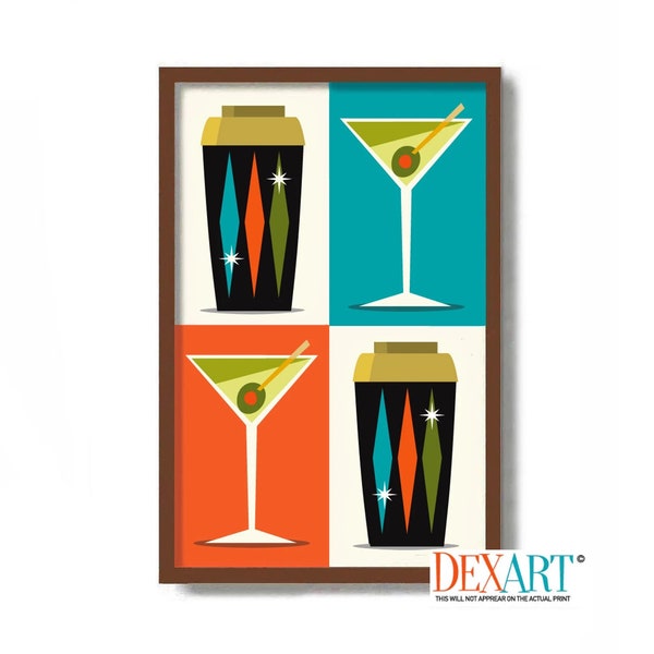 Martini Wall Art, Vintage Cocktail Shaker Art Print, Signature Cocktail Poster, Mid Century Modern Art Bar Sign, Bartender Gift