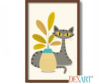 Grey Cat Art Print, Tabby Cat, Mid Century Modern Art, Cat Lover Gift, Minimalist Wall Art, Black Cat Art, Floral Print