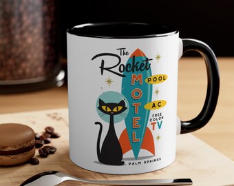 Atomic Black Cat Space Coffee Mug, Rocket Ship Motel Sign, Mid Century Modern, Vintage Space Age, Martian  Southwestern Art California Decor